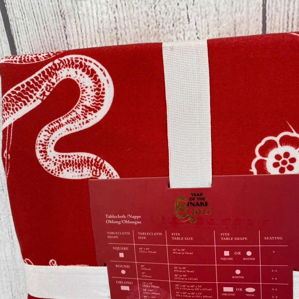 Year of the Snake 2025 Tablecloth Oblong 60x120 Red White Floral Lunar New Year